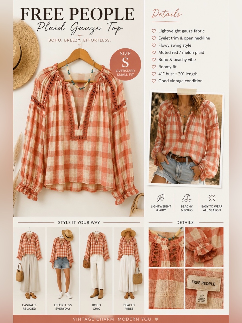 *Retro- Free People - 100% cotton gauze shirt- muted melon & cream color - S/P